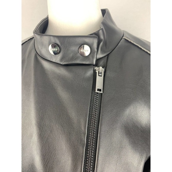 NWT DKNY Zip Front Faux Leather Moto Jacket Black W/ Tiny Metallic Detail Trim - Picture 13 of 16